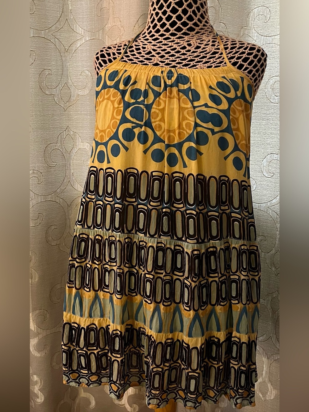 Angie Yellow and Teal Printed Halter Sundress